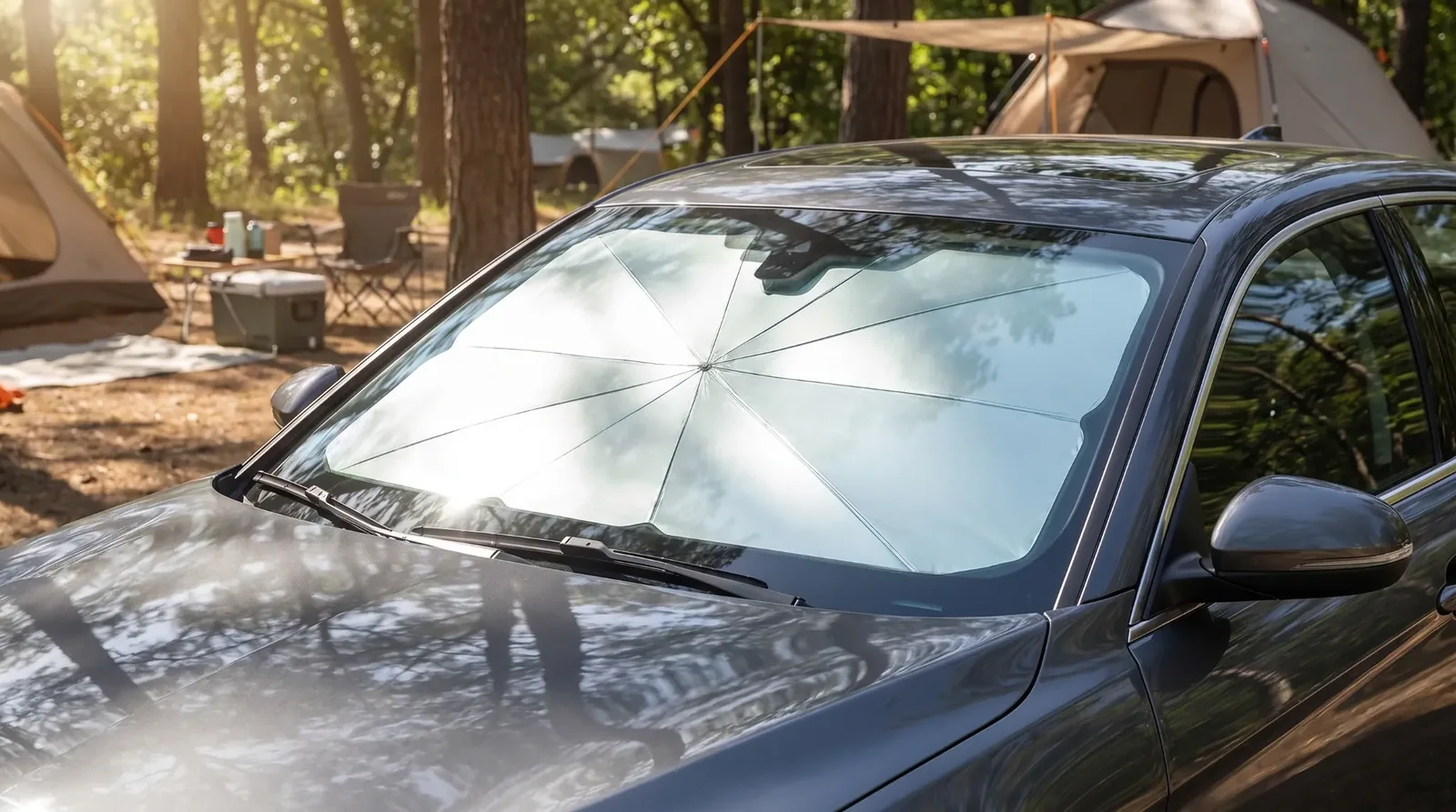 HEATSHIELD FLEX covering a car windshield while parked outdoors
